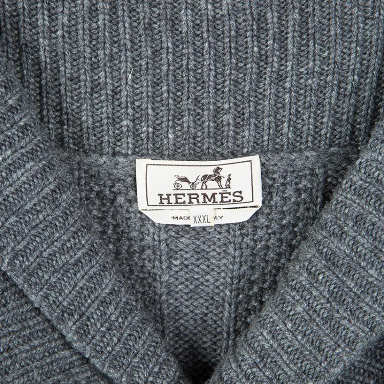 Pre Owned Hermes Grey Cashmere Chunky Knit Shawl Collar Detail Sweater 3XL