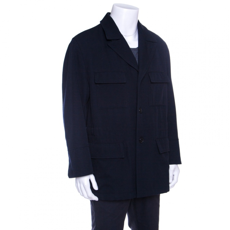 Pre Owned Hermes Commande Particuliere Navy Blue Wool Gabardine Button Front Coat XL      