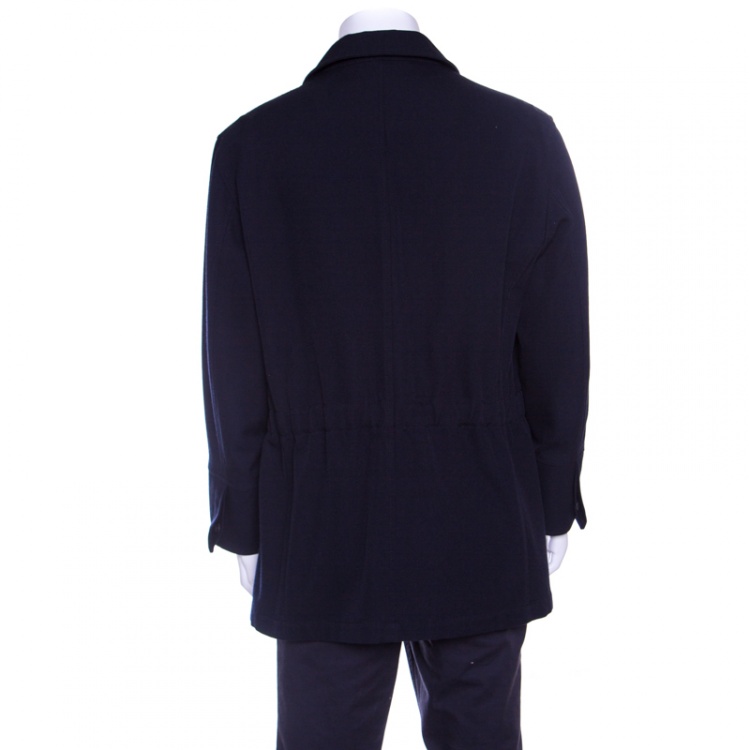 Pre Owned Hermes Commande Particuliere Navy Blue Wool Gabardine Button Front Coat XL      