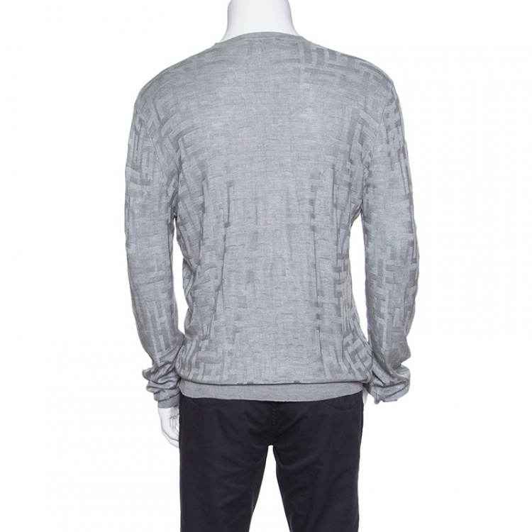 Pre Owned Hermes Grey H Pattern Silk Jacquard Knit V Neck Pullover XL 