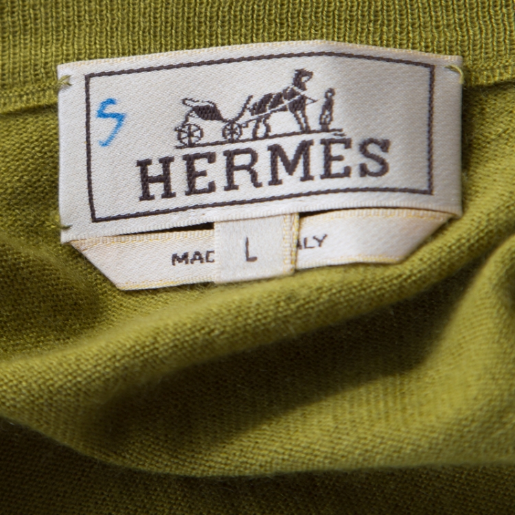 Pre Owned Hermes Lime Green Cashmere Silk Long Sleeve V Neck Sweater L