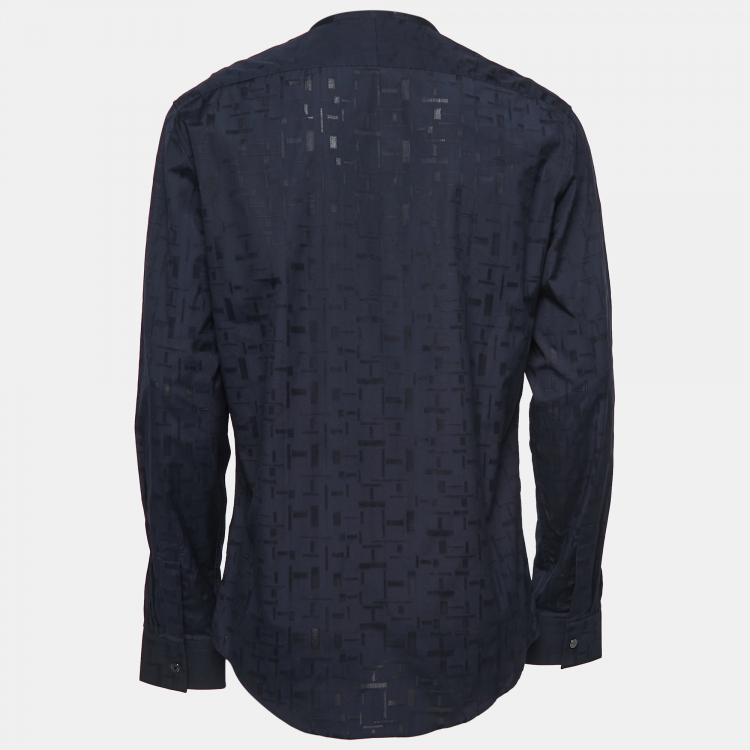 Pre Owned Hermes Navy Blue Patterned Cotton Round Neck Shirt L