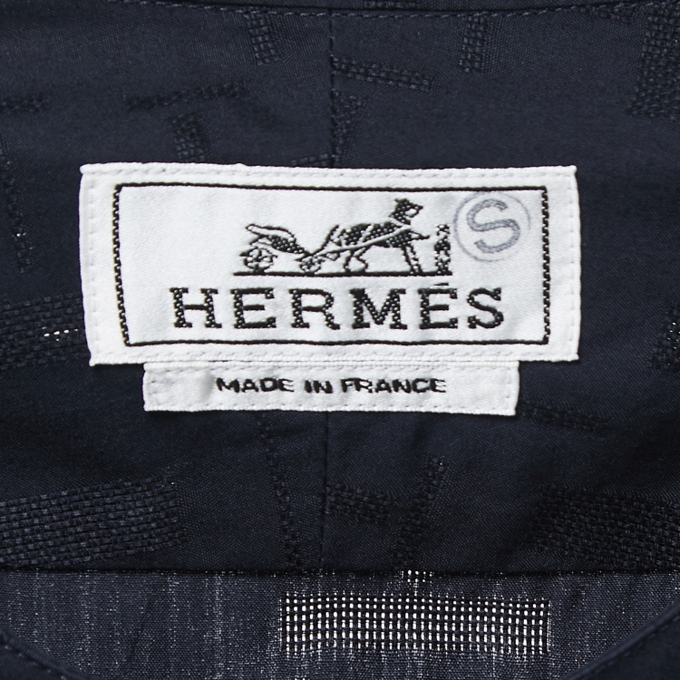 Pre Owned Hermes Navy Blue Patterned Cotton Round Neck Shirt L