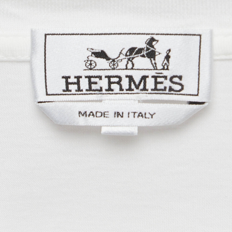 Pre Owned Hermes White Leather Applique Cotton Knit Crew Neck T-Shirt L