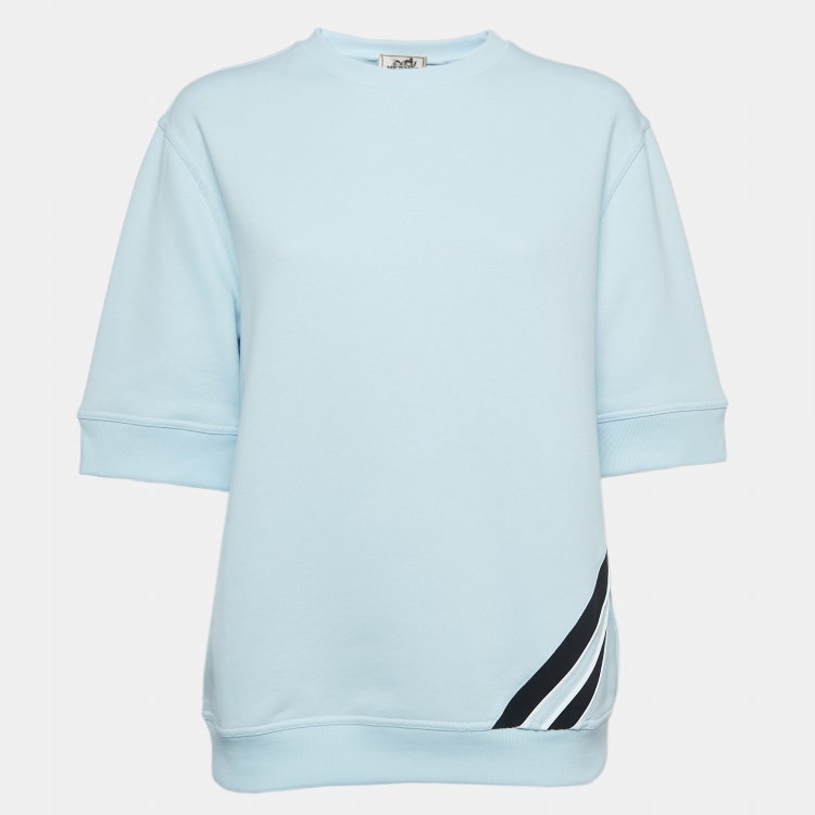 Pre Owned Hermes Light Blue Cotton Knit Half Sleeves Crew Neck Sweatshirt M