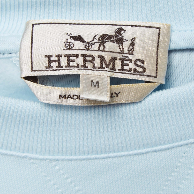 Pre Owned Hermes Light Blue Cotton Knit Half Sleeves Crew Neck Sweatshirt M