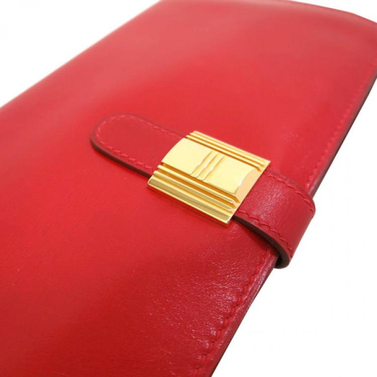 Pre Owned Hermes Red Box Calf Leather Herakles Long Wallet