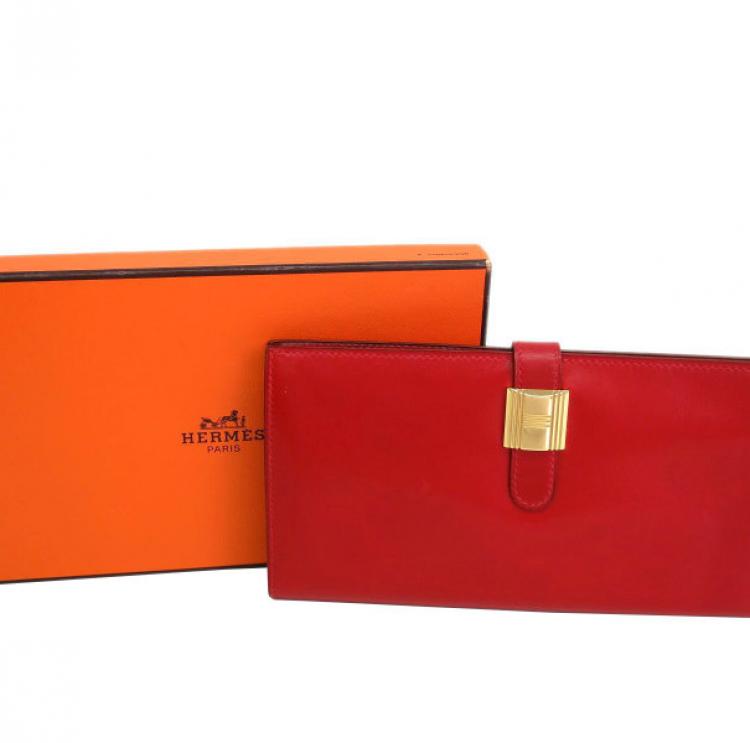Pre Owned Hermes Red Box Calf Leather Herakles Long Wallet