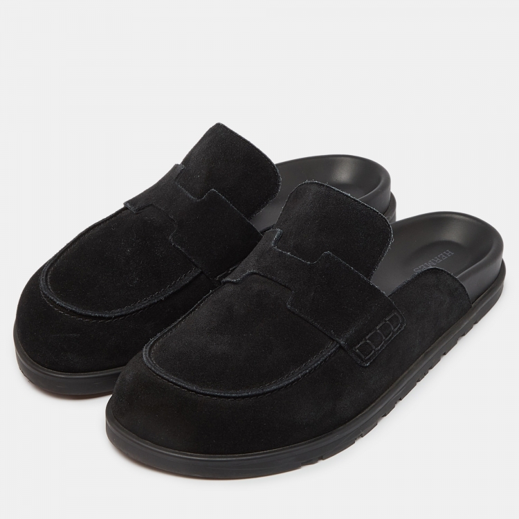 Pre Owned Hermes Black Suede Go Flat Mules Size 42