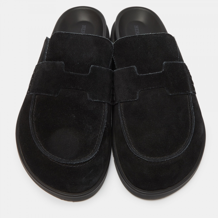 Pre Owned Hermes Black Suede Go Flat Mules Size 42