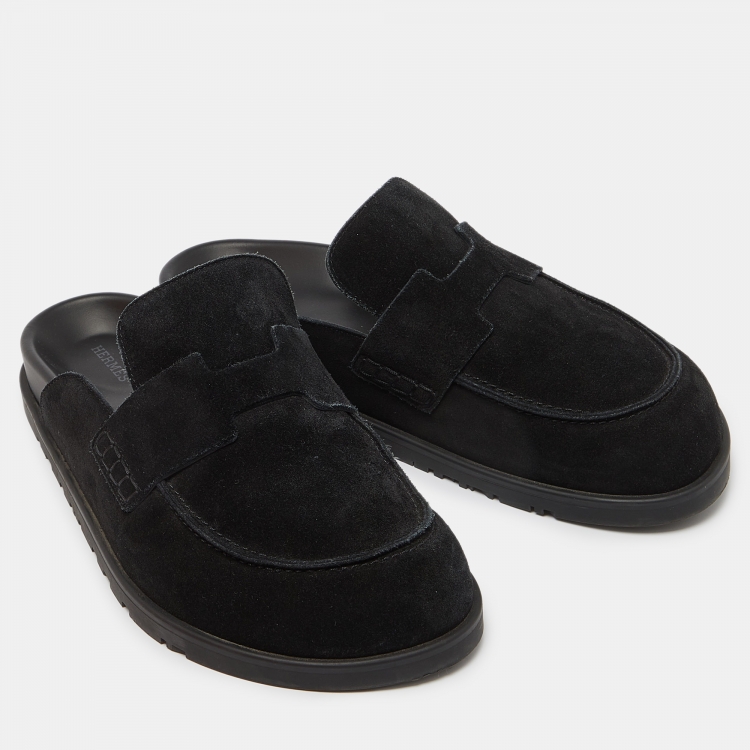 Pre Owned Hermes Black Suede Go Flat Mules Size 42