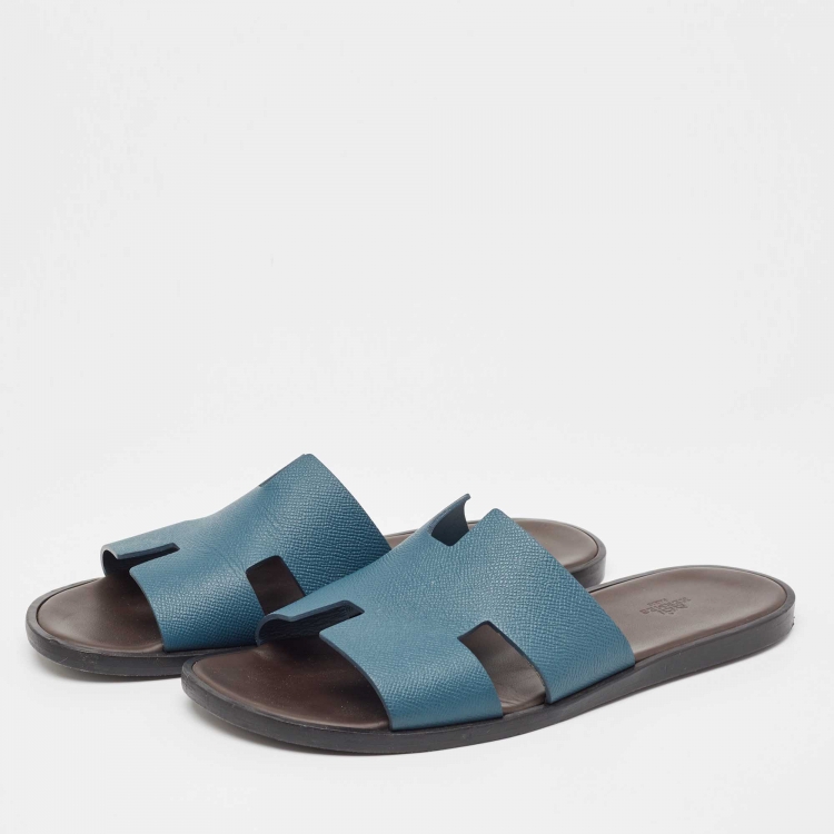 Pre Owned Hermes Blue Leather Izmir Slides Size 45