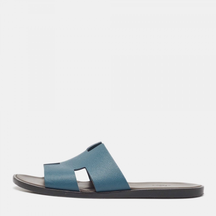 Pre Owned Hermes Blue Leather Izmir Slides Size 45