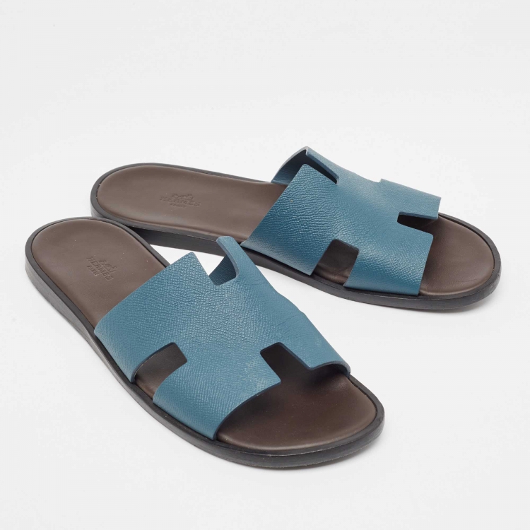 Pre Owned Hermes Blue Leather Izmir Slides Size 45