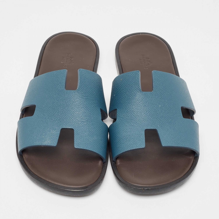 Pre Owned Hermes Blue Leather Izmir Slides Size 45