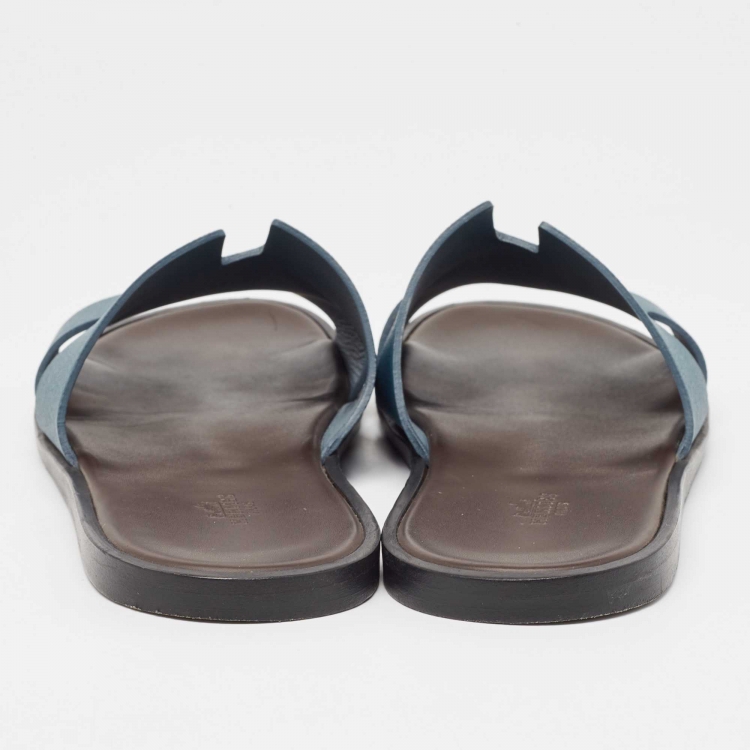 Pre Owned Hermes Blue Leather Izmir Slides Size 45