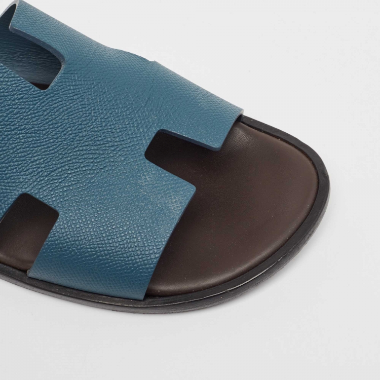Pre Owned Hermes Blue Leather Izmir Slides Size 45