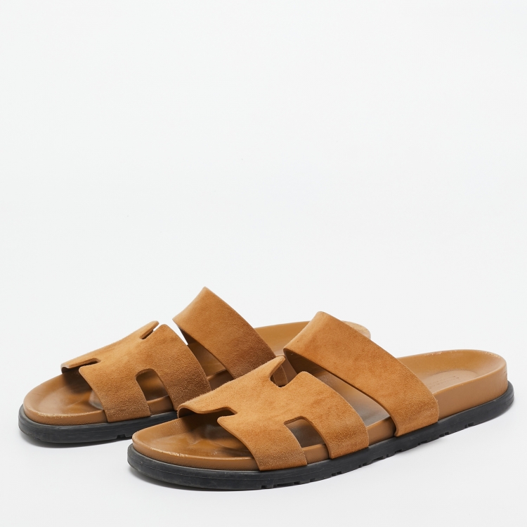 Pre Owned Hermes Brown Suede Chypre Slides Size 42