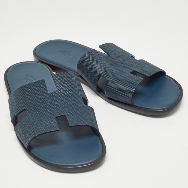 Pre Owned Hermes Navy Blue  Leather Izmir Flat Slides Size 47