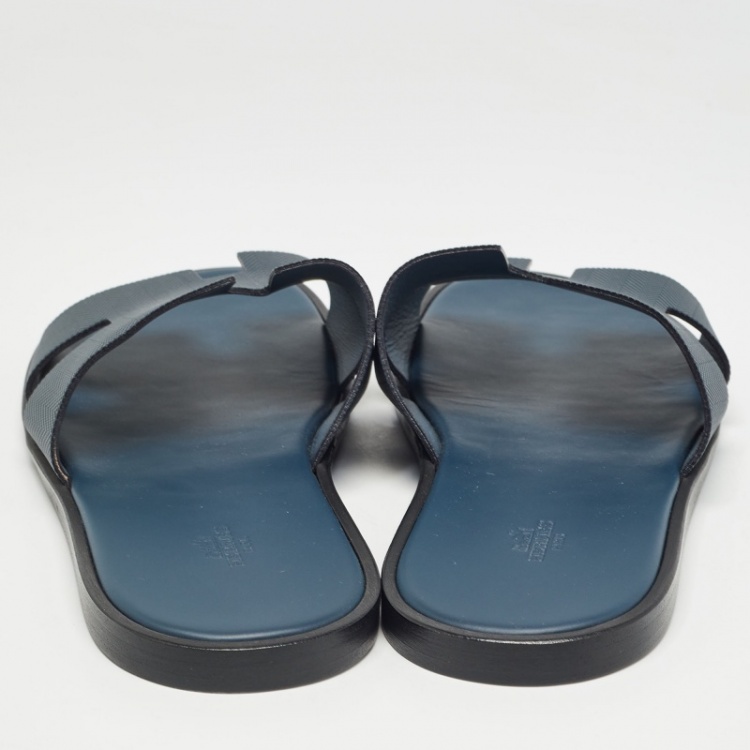 Pre Owned Hermes Navy Blue  Leather Izmir Flat Slides Size 47