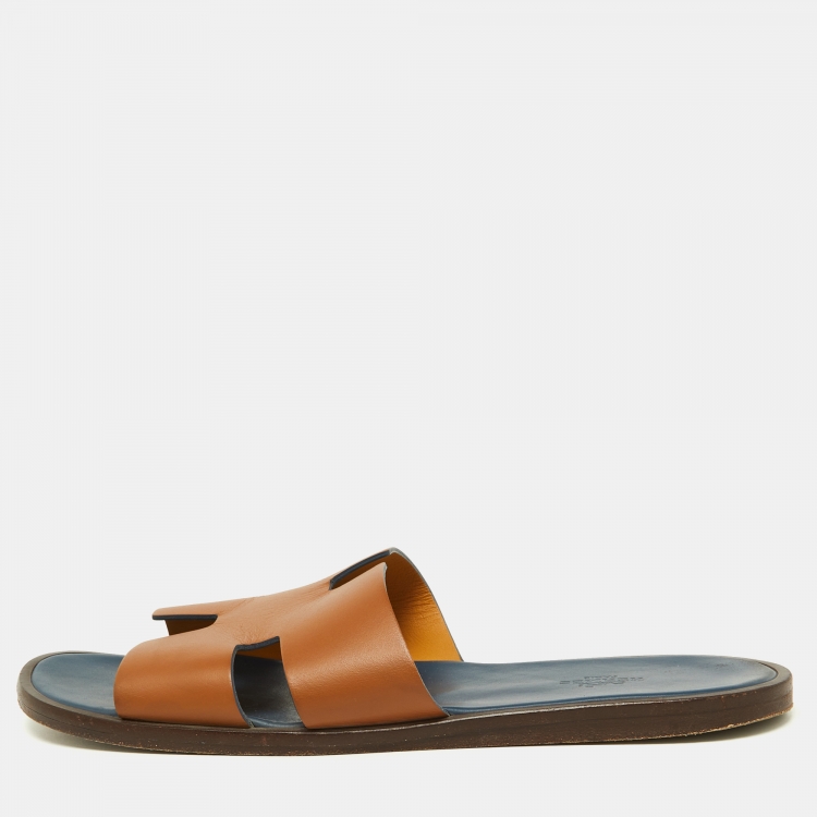 Pre Owned Hermes Brown Leather Izmir Flat Slides Size 42.5
