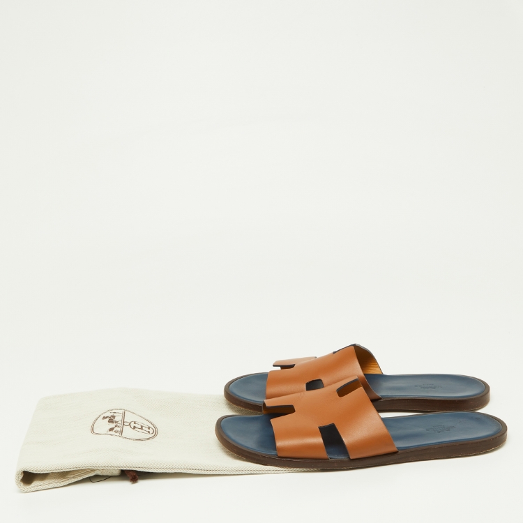 Pre Owned Hermes Brown Leather Izmir Flat Slides Size 42.5