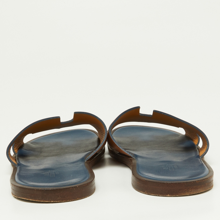 Pre Owned Hermes Brown Leather Izmir Flat Slides Size 42.5