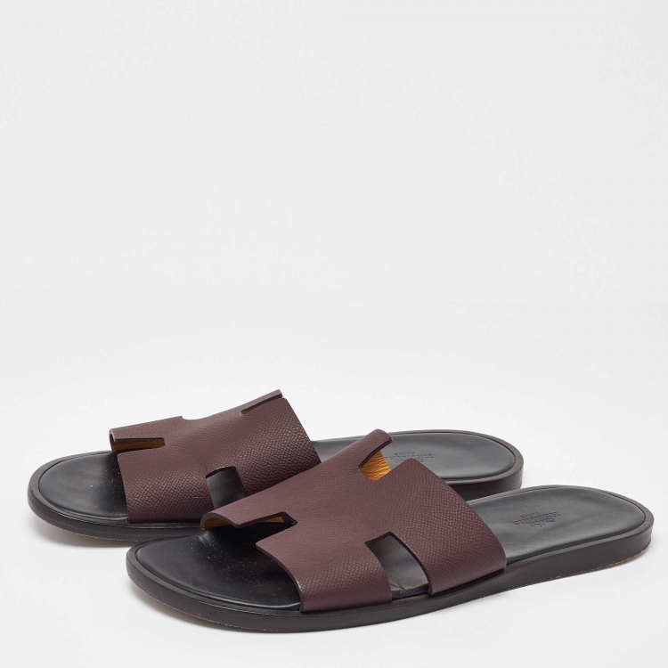 Pre Owned Hermes Burgundy Leather Izmir Flat Slides Size 42.5
