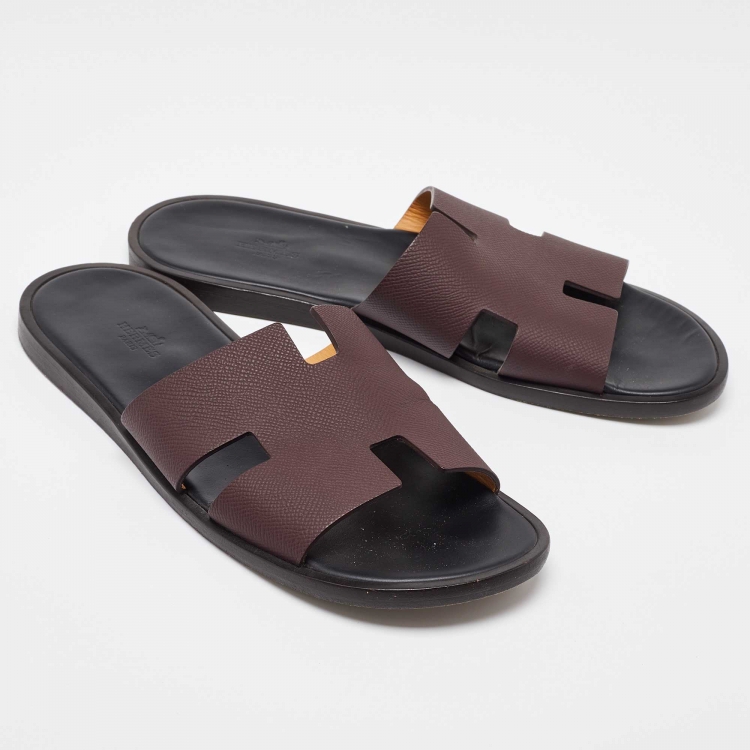 Pre Owned Hermes Burgundy Leather Izmir Flat Slides Size 42.5