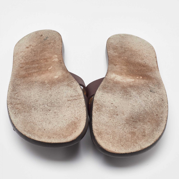 Pre Owned Hermes Burgundy Leather Izmir Flat Slides Size 42.5