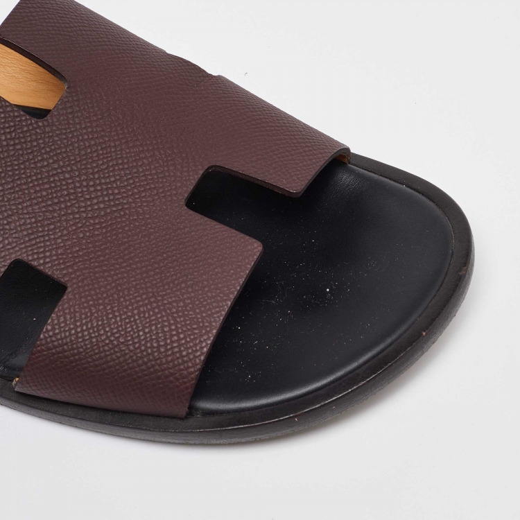 Pre Owned Hermes Burgundy Leather Izmir Flat Slides Size 42.5