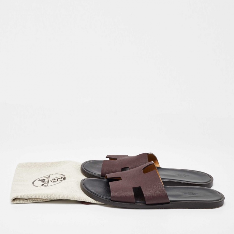 Pre Owned Hermes Burgundy Leather Izmir Flat Slides Size 42.5