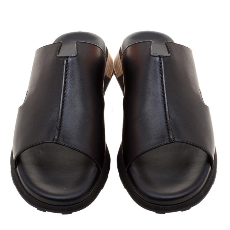 Pre Owned Hermes Black Leather Pharaon Flat Sandals Size 43