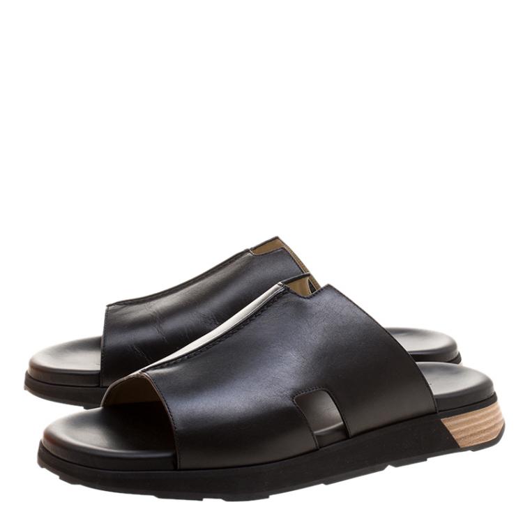 Pre Owned Hermes Black Leather Pharaon Flat Sandals Size 43