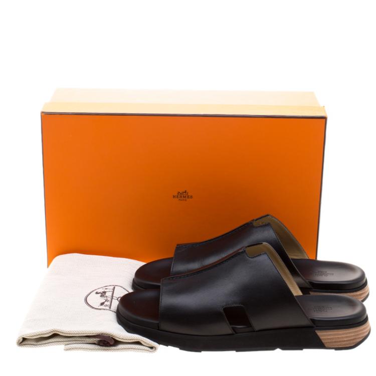 Pre Owned Hermes Black Leather Pharaon Flat Sandals Size 43
