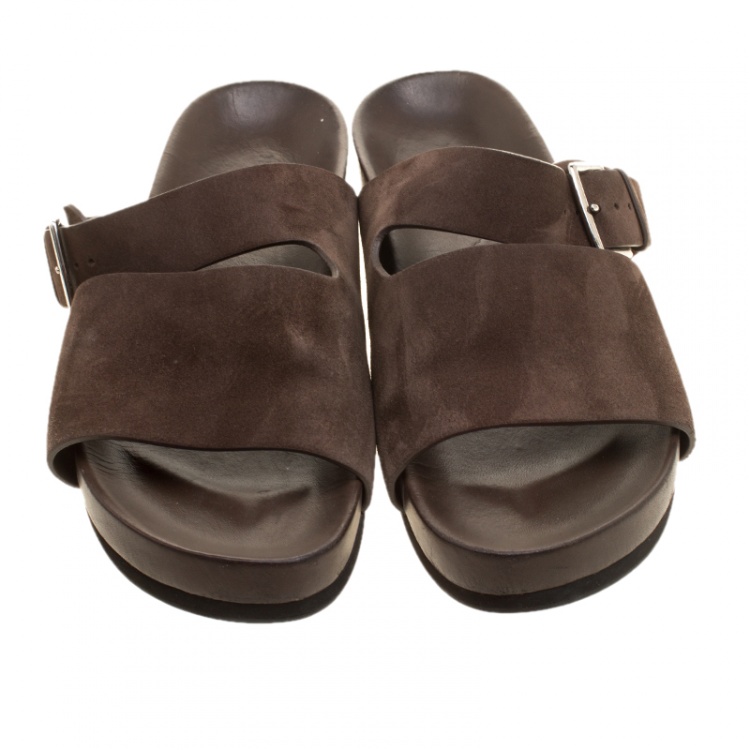Pre Owned Hermes Brown Suede Flat Slide Sandals Size 42