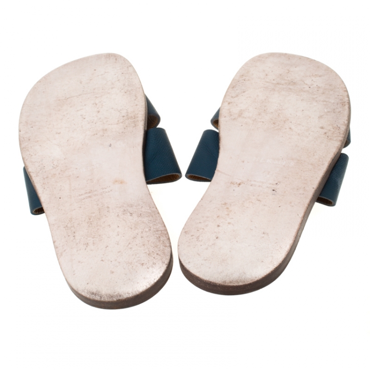 Pre Owned Hermes Blue Leather Izmir Slip On Slides Size 45