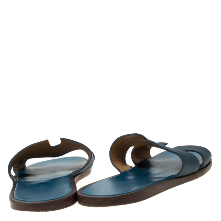 Pre Owned Hermes Blue Leather Izmir Slip On Slides Size 45