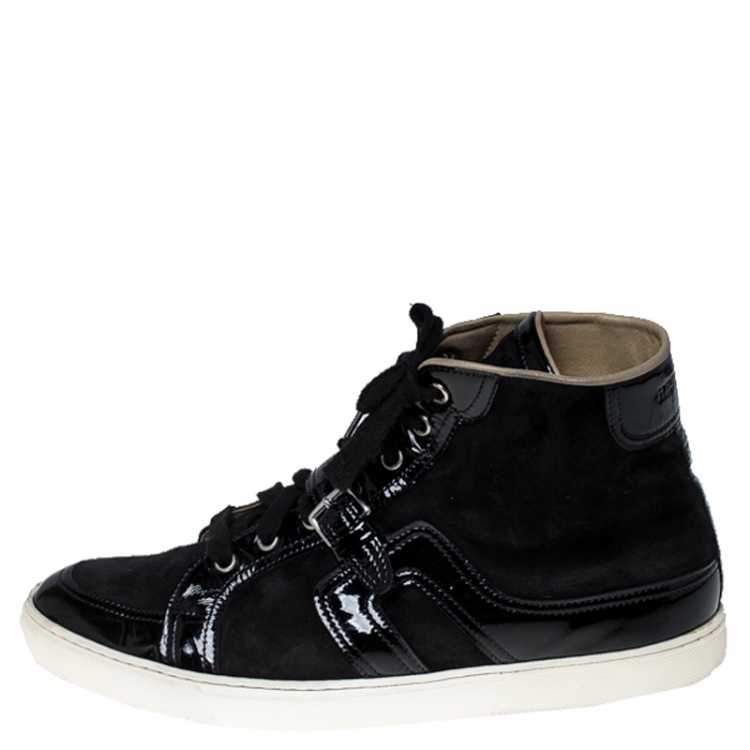 Pre Owned Hermes Black Suede and Patent Leather Quantum High Top Sneakers Size 41.5