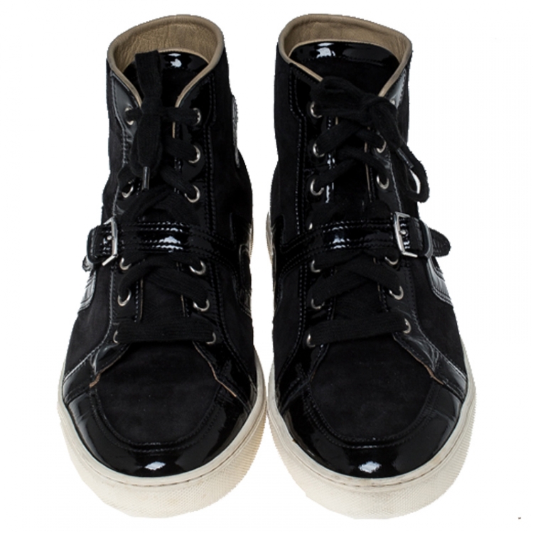 Pre Owned Hermes Black Suede and Patent Leather Quantum High Top Sneakers Size 41.5