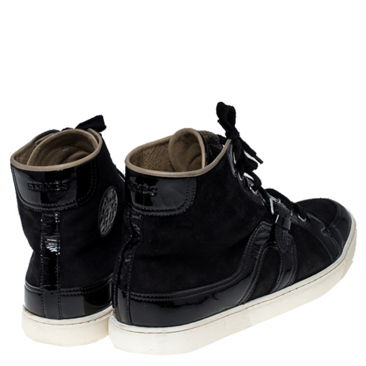 Pre Owned Hermes Black Suede and Patent Leather Quantum High Top Sneakers Size 41.5