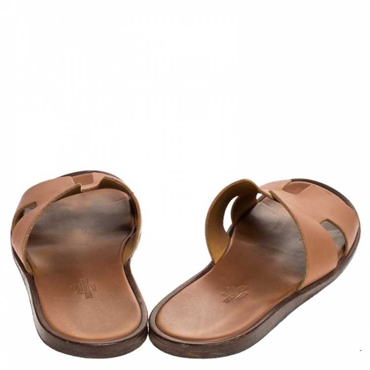 Pre Owned Hermes Brown Leather Izmir Flat Slides Size 42.5