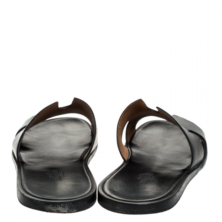 Pre Owned Hermes Black Leather Izmir Flat Slides Size 43