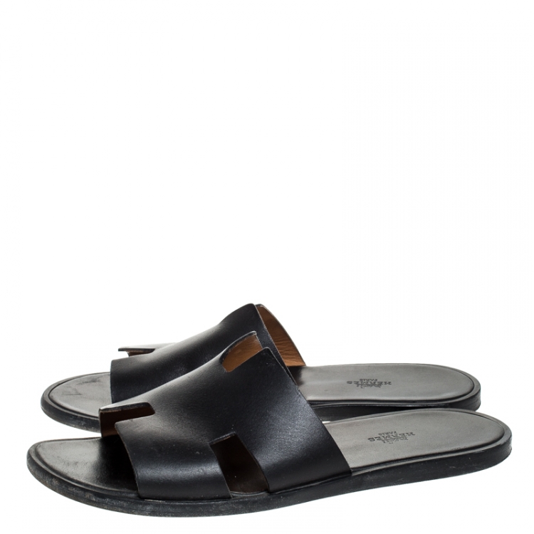Pre Owned Hermes Black Leather Izmir Flat Slides Size 43