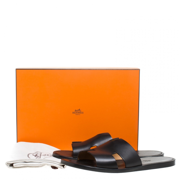Pre Owned Hermes Black Leather Izmir Flat Slides Size 44.5