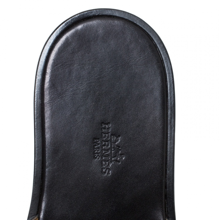 Pre Owned Hermes Black Leather Izmir Flat Slides Size 44.5