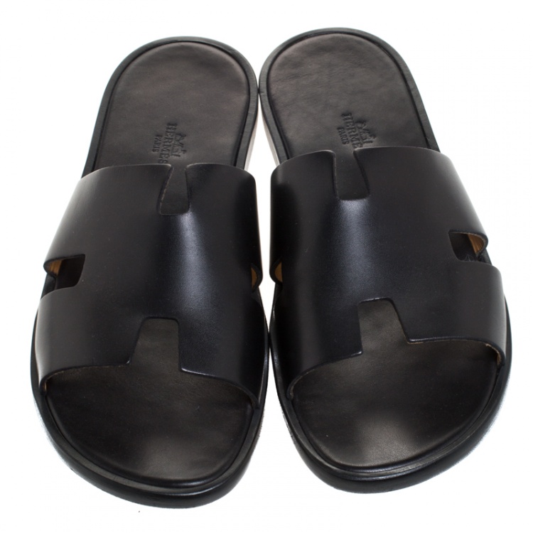 Pre Owned Hermes Black Leather Izmir Flat Slides Size 44.5