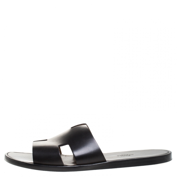 Pre Owned Hermes Black Leather Izmir Flat Slides Size 44.5