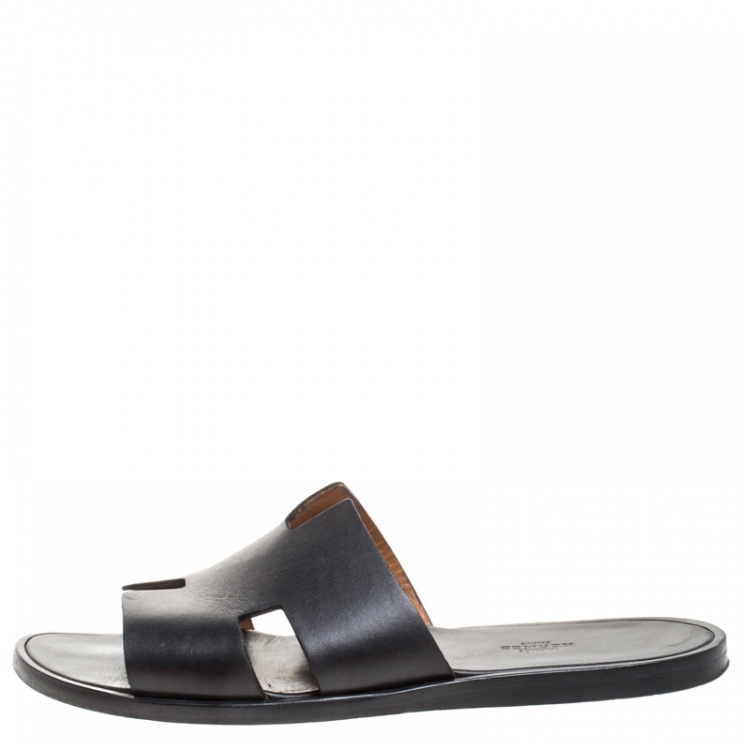 Pre Owned Hermes Black Leather Izmir Flat Slides Size 43