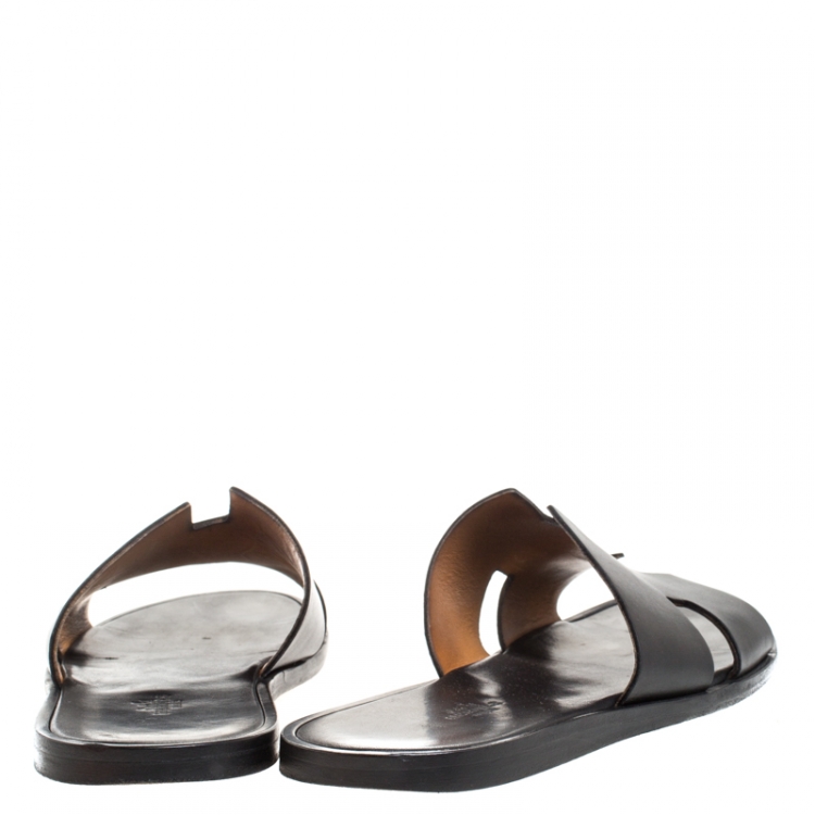 Pre Owned Hermes Black Leather Izmir Flat Slides Size 43